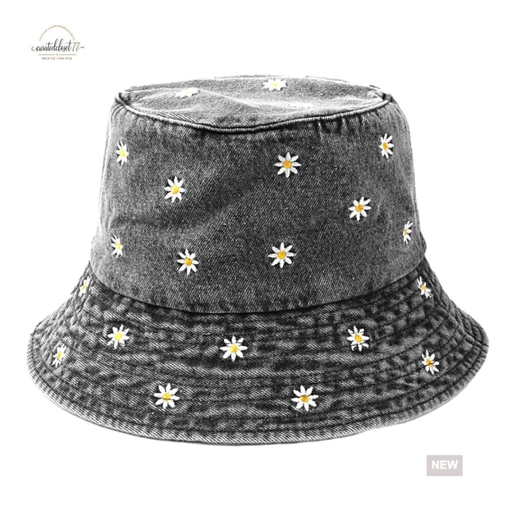 Vintage Denim Bucket Hat with Floral Embroidery and Mini Pocket